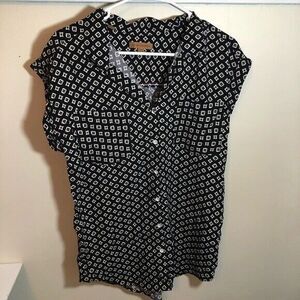 Jachs Girlfriend Cap Sleeve Shirt Top Blouse Navy Blue/ White Pattern Small